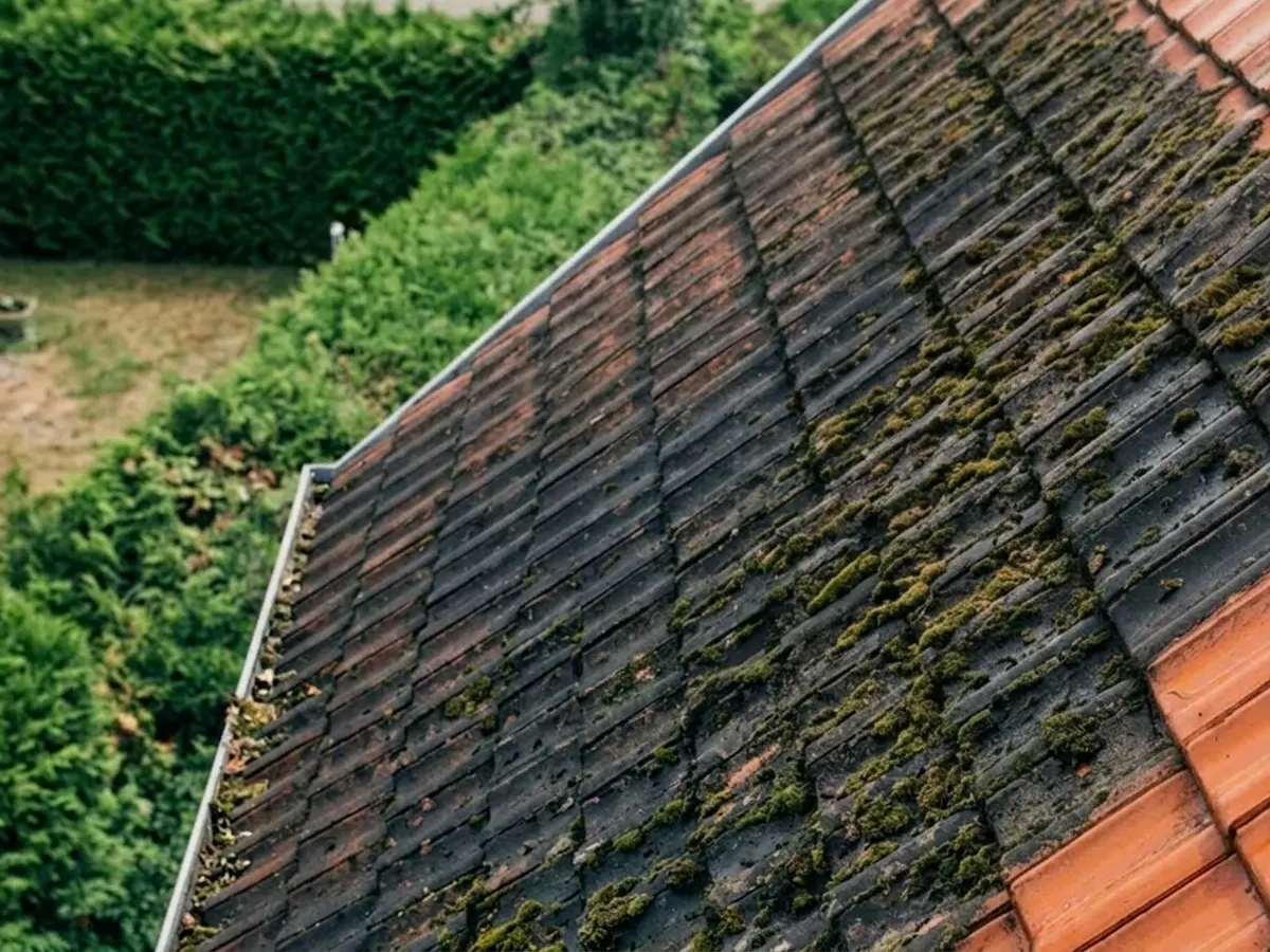 Grande pente de toiture noircie avant traitement à Chelles