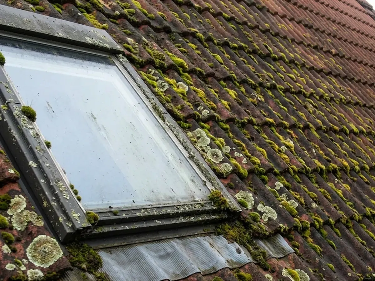 Pan de tuiles couvert de lichens avant démoussage à Chelles